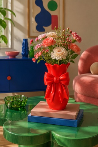 3dmarketi Kurdeleli Kırmızı Çiçek Vazo - Masa Süsü Kırmızı Kurdele