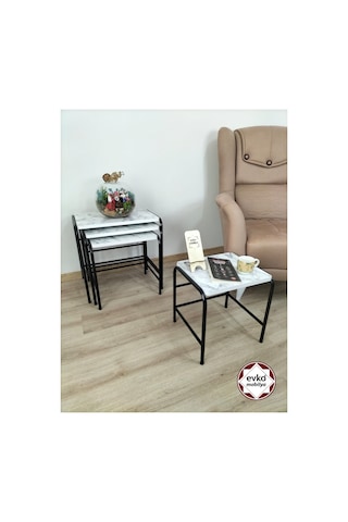 Evko Mobilya Buket Sehpa, 4'lü Zigon Sehpa, Servis Sehpası, Iç Içe Geçen Sehpa, Ahşap Sehpa, Dikdörtgen Sehpa Beyaz Mermer