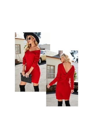 Sones Kadın Paket Kalça Uzun Örme Sırtı Açık Bükülmüş Düğüm Elbise Kırmızı