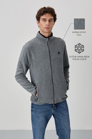 Tommy Life Gri Melanj Yazı Nakışlı Dik Yaka Fermuarlı Standart Kalıp Erkek Sweatshirt Polar - 87992 GRİ MELANJ