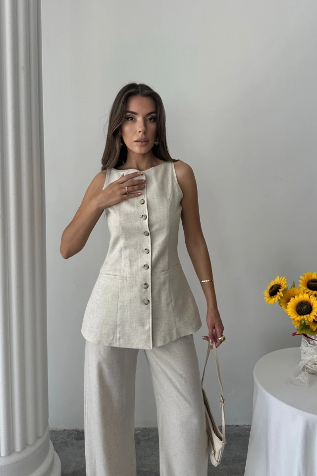 S-pazarım Keten Yelek - Pantolon Takım - Taş Altın