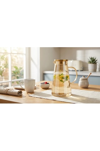 Premium Borosilikat Cam Gold Sürahi 1.9 L Isıya Dayanıklı Çay & Detoks Sürahisi