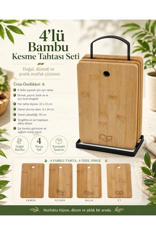 Bambu Kesim Panosu - Metal Standlı 4'lü Çok Renkli