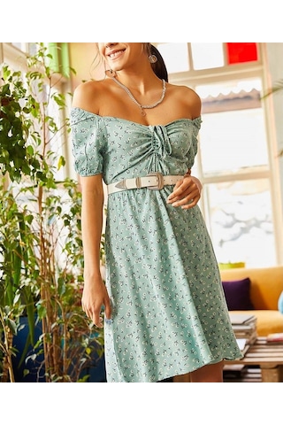 Aqe Fashion Kadın Yeşil Önü Büzgülü Beli Lastikli Elbise Yeşil
