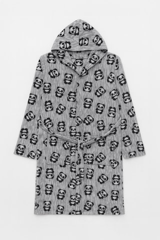 Kadın Kapüşonlu Panda Desenli Polar Sabahlık Gri