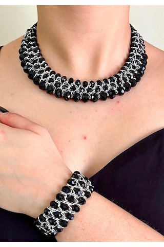 Siyah Kristal Taşlı Türk El Yapımı Gerdanlık Kolye Ve Bilezik Set Siyah