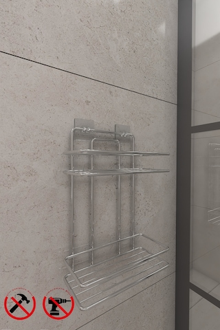 Alper Banyo Yapışkanlı Krom 2 Katlı Düz Banyo Rafı Banyo Şampuanlığı TŞ02.K Çok Renkli