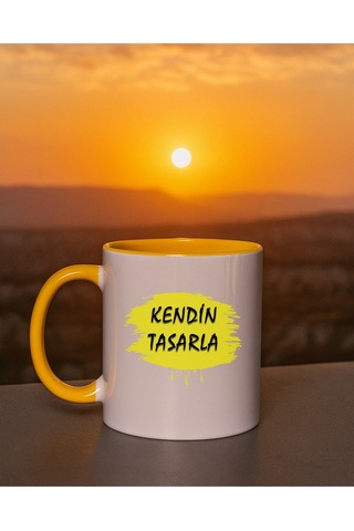 Kendin Tasarla Bardak - Kişiye Özel Bardak Satıya Sor 2 İçi Kulbu Sarı Bardak