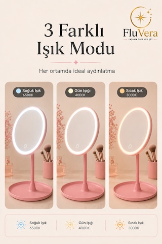 Led Işıklı Makyaj Aynası Masaüstü Dokunmatik Aydınlatmalı Güzellik Ve Cilt Bakım Aynası Pembe Ayarlanabilir Başlık Geniş Taban Usb-c Şarjlı Pembe