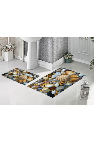 Kaymaz Tabanlı, Yumuşak Dokulu, Şık Ve Dekoratif 2'li Dijital Baskılı Banyo Paspas Takımı Çok renkli