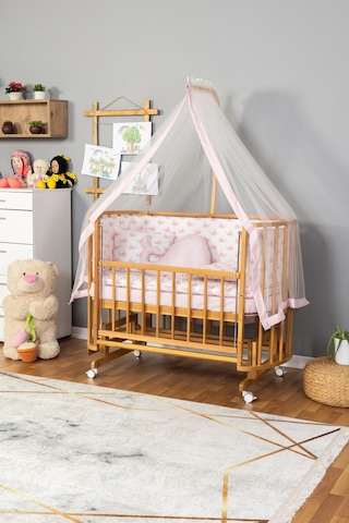 Ahşap Beşik Anne Yanı Beşik Doğal Vernikli 60x120 Pembe Balina Uyku Seti Yatak Tekerlekli Ahşap