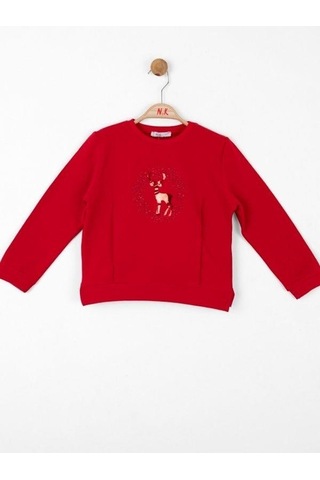 Kız Çocuk Parlak Geyik Baskılı Sweatshirt-13487 Kırmızı