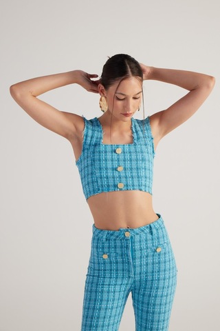 Holly Lolly Tüvit Kumaş Crop Tweed Büstiyer Mavi