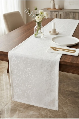 Ranır Runner Şık Sofra Dekoru Dekoratif Lüks Gürünüm Kare Runner 40x160 Cm Beyaz