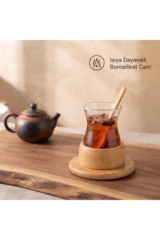 18 Parça Bambu Çay Seti - 6 Çay Bardağı - Borosilikat Cam Renkli