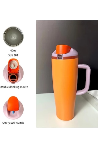 Brightnova Cream Color 40oz Vakum Paslanmaz Çelik Termos Matara Tutacaklı Sızdırmaz Kaymaz 07 Beyaz