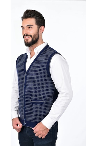 Kamalı Lacivert Erkek Çelik Örgü Düğmeli Cepli Kazayağı Desen Tüylenmeyen Triko Kışlık Kazak Yelek Lacivert