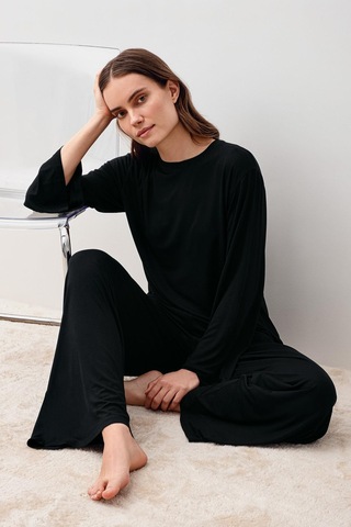 Uzun Kollu Oversize Basic Likralı Viskoz Alt Üst Takım 20210 Siyah