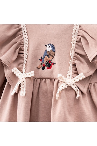 Kuş Nakışlı Kız Bebek Elbise Vizon
