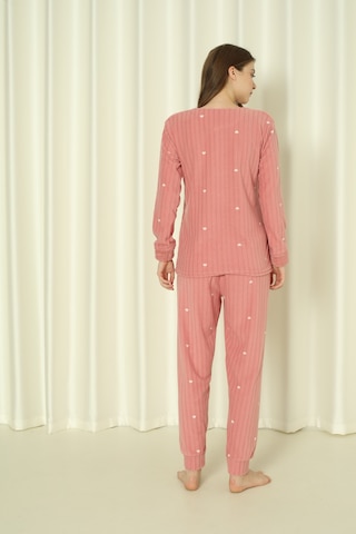 Wordex Fawn 04-3309 Peluş Welsoft Polar Kışlık Yumoş Kalpli Kedili Kadın Pijama Takımı Pudra