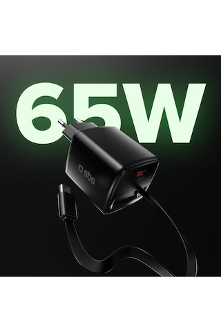 Sbs 65w Gan Usb-c Hızlı Şarj Adaptörü Entegre 75 Cm Geri Sarılabilir Kablo Ek Usb-c Çıkış Power Delivery Dizüstü Bilgisayar Uyumlu 65w Şarj Cihazı
