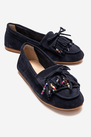 Luvishoes Evelyn Lacivert Süet Hakiki Deri Püsküllü Boncuklu Kadın Loafer Ayakkabı