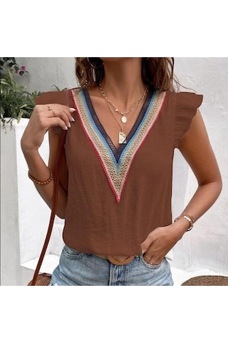 Yaz V Yaka Dantel Kelebek Kollu Kadın Bluz Zarif Rahat Kadın Beyaz Gömlek Moda Zarif Kolsuz Blusas Tops 25803 Orion Çok Renkli