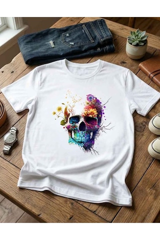 Beyaz / Siyah Kadın Bisiklet Yaka Renkli Çiçekli Kurukafa Baskılı Pamuklu T-shirt Beyaz