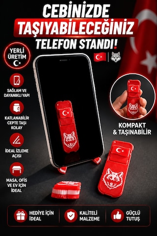 Türk Bayraklı Bozkurt Desenli Katlanabilir Cep Telefonu Standı Taşınabilir Masaüstü Telefon Tutucu