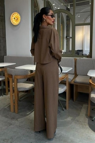 Crop Gömlekli Çizgili Takım 10080 Kahverengi