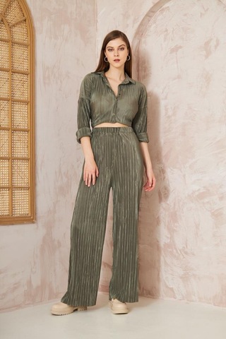 Kadın Pliseli Beli Lastikli Pantolon Tunik Gömlek Ikili Bürümcük Salaş Takım 3573300 Haki