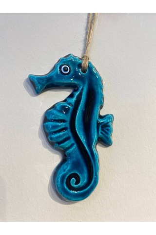 El Yapımı Nazar Boncuğu, Duvar Dekorasyon Ürünü, Seramik, El İşçiliği, Turkuaz Renkte Denizatı Desenli -