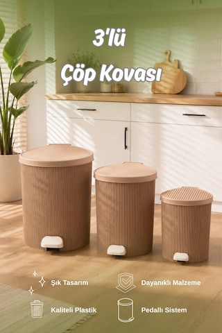 Porsima 0709-2 Stil 3lü Yuvarlak Pedallı İçi Kovalı Çöp Kovası Seti - Banyo Mutfak Çöp Kovası Takımı Mokka Açık Kahverengi
