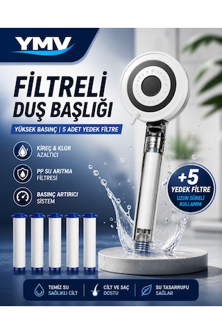 Ymv Filtreli Duş Başlığı Yüksek Basınçlı Banyo Başlığı Kireç Ve Klor Azaltıcı 5 Yedek Filtreli Su Tasarruflu Krom