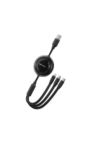 Vention 3'ü 1 Arada Makaralı 2 X Type-c + Lightning 3,5a Hızlı Şarj Kablosu 1,1m - Siyah