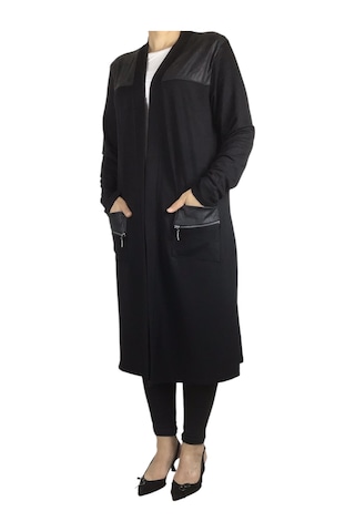 Kadın Önü Desenli Derili Bedenli Kristal Penye Hırka Siyah