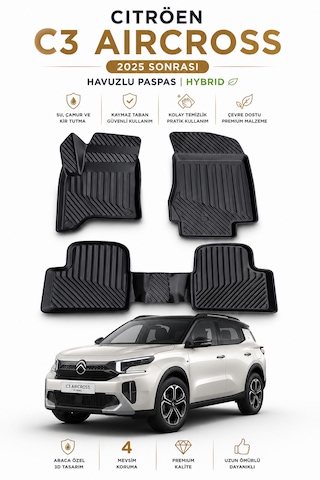 Citroën C3 Aircross 2025 Sonrası Hybrid Uyumlu 3d Tpe Kauçuk Oto Paspas Havuzlu Araca Özel Premium Kalite