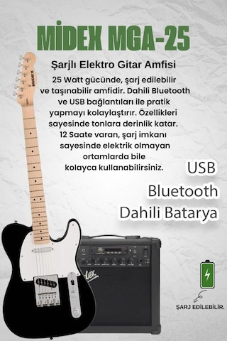 Midex Tlx-50wb-25amp Tele Kasa Maple Klavye 2 Single-coil 25w Amfili Elektro Gitar