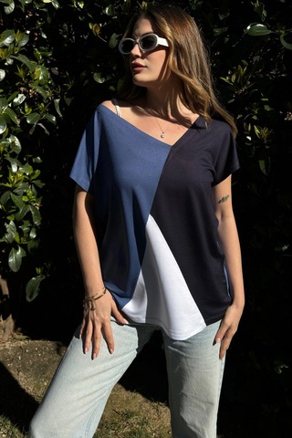 Kadın İndigo, Laci & Beyaz Kısa Kol, Color Block Tasarım, Salaş Bluz Indigo