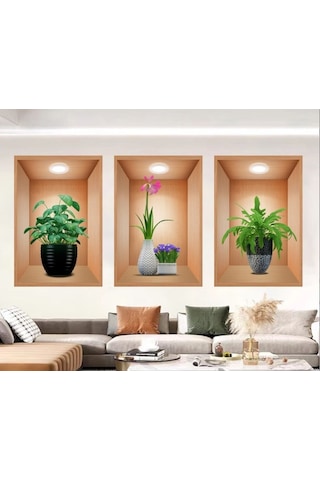 3d Çiçek Vazo Duvar Sticker 3 Lü Set Kahverengi Fon 5060 Çok Renkli