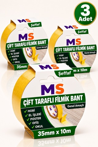 3 Adet Çift Taraflı Filmik Şeffaf Bant 35 Mm X 10 Metre Yapışkanlı Hobi Bandı El Çok Amaçlı Bantları