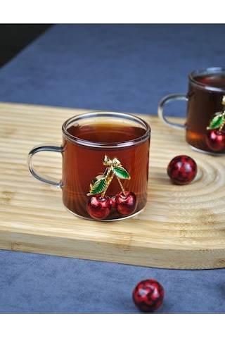 2'li Kirazlı Cam Mini Kupa Kiraz Çay Bardağı 130 Ml Kahve Fincanı Yılbaşı Şeffaf