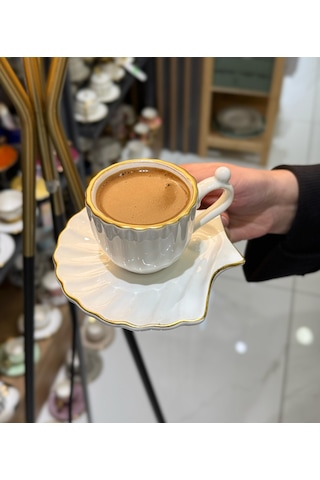 6'lı Lüks İstiridye İncili Gold Kahve Fincanı-4814 Beyaz
