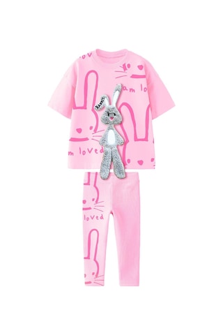 Monila Kız Çocuk Pamuklu Kumaş 3 Boyutlu Peluş Tavşan Detaylı Tshirt Tayt Alt Üst Takım Pembe