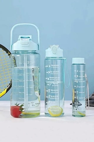 3'lü Motivasyon Kokusuz Stickerlı Spor Suluk Matara Pipetli Taşınabilir Su Şişesi Siyah Set MAvi