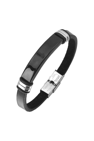 Brezza Lusso Jewelry Hakiki Deri Sade Model Siyah Parlak Çelik Erkek  Bileklik Siyah