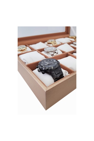 Chavin 15 Li Diamond Gold Deri Ahşap Camlı Saat Kutusu St15-57