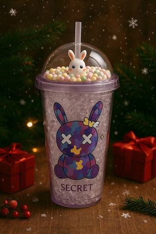 Sevimli Bunny Tavşan Figürlü Renkli Boncuklu Kristal Efektli Tasarım Pipetli Bardak Suluk Mor 2087 Çok Renkli