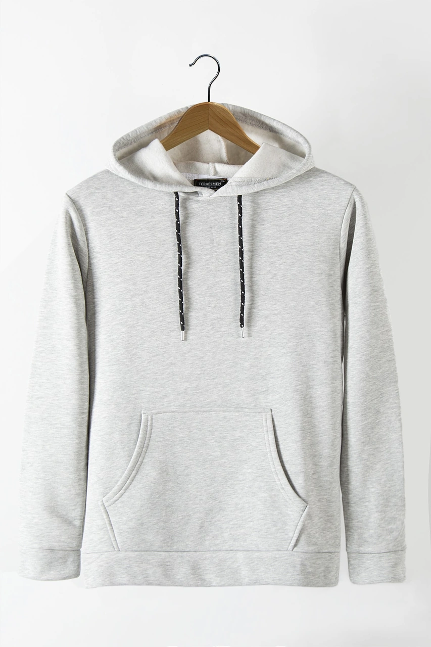 Terapi Men Erkek Kırçıllı Gri Kapüşonlu Kanguru Cepli Basic Hoodie Sweatshirt Kırçıllı Gri