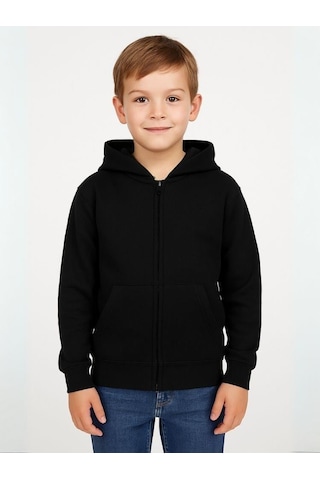 Çocuk Fermuarlı İnce Mevsimlik Basic Kapüşonlu Okul Hırkası-16092 Siyah